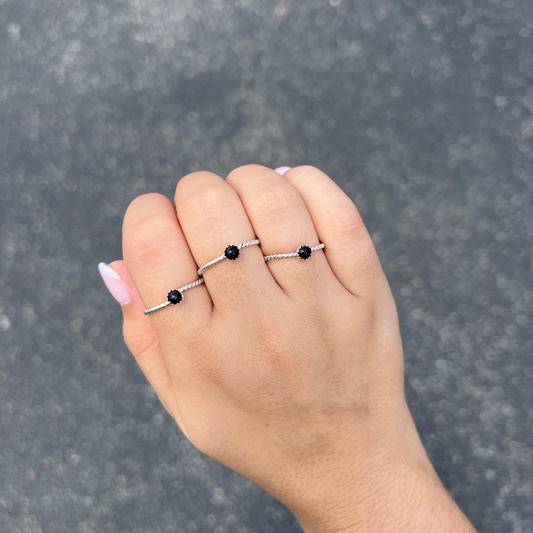 Genuine Black Onyx Mini Stud Twisted Sterling Silver Ring