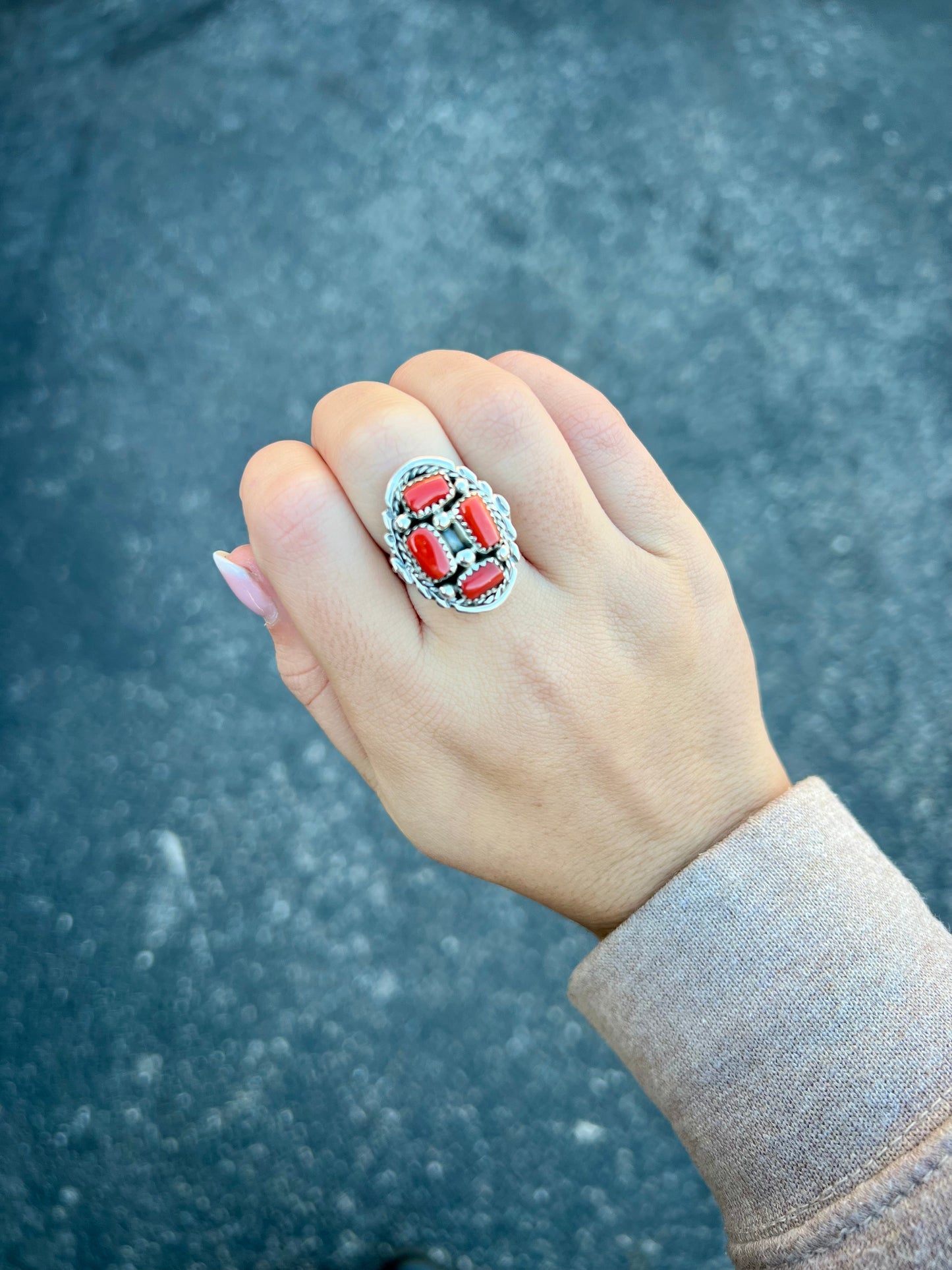 4 Stone Coral Cluster Sterling Silver Ring