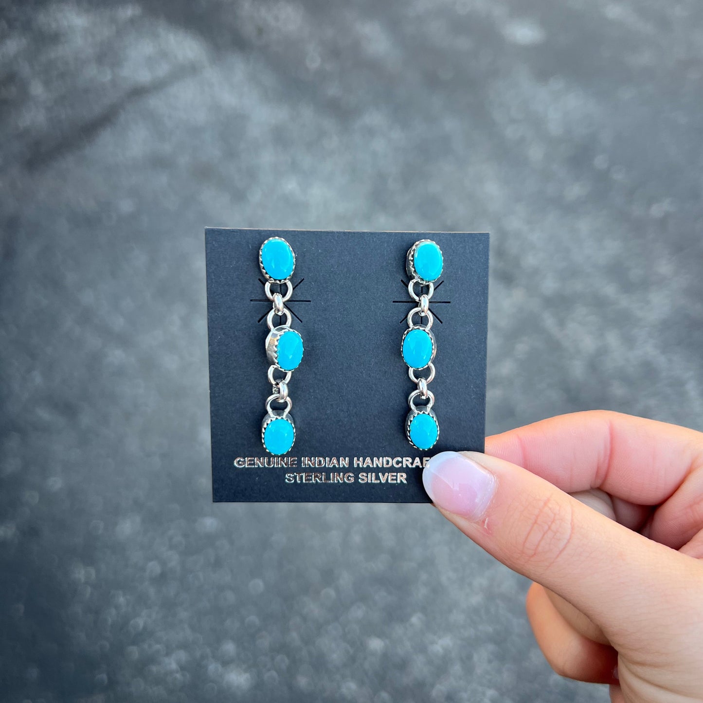 Genuine Turquoise 3 Stone Sleeping Beauty Sterling Silver Dangle Link Earrings