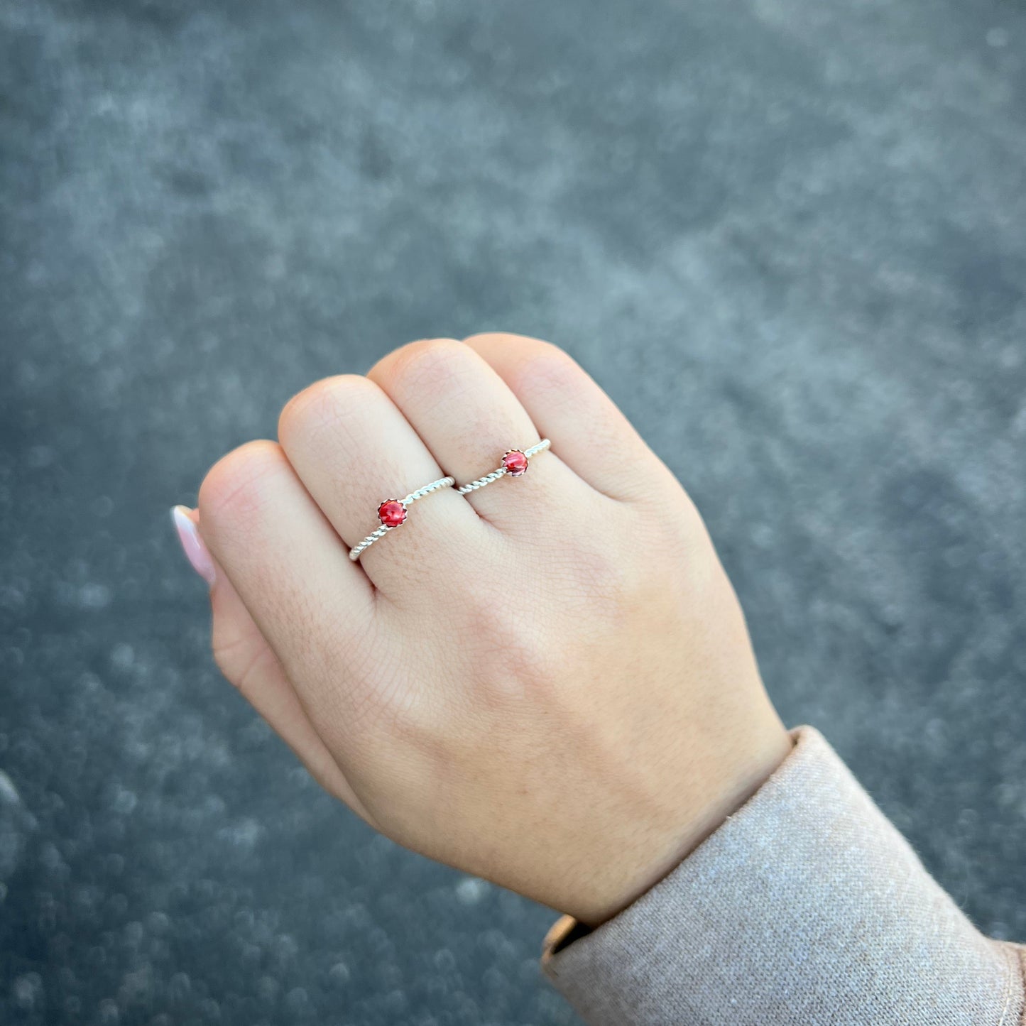 Genuine Red Spiny Oyster Mini Stud Twisted Sterling Silver Ring