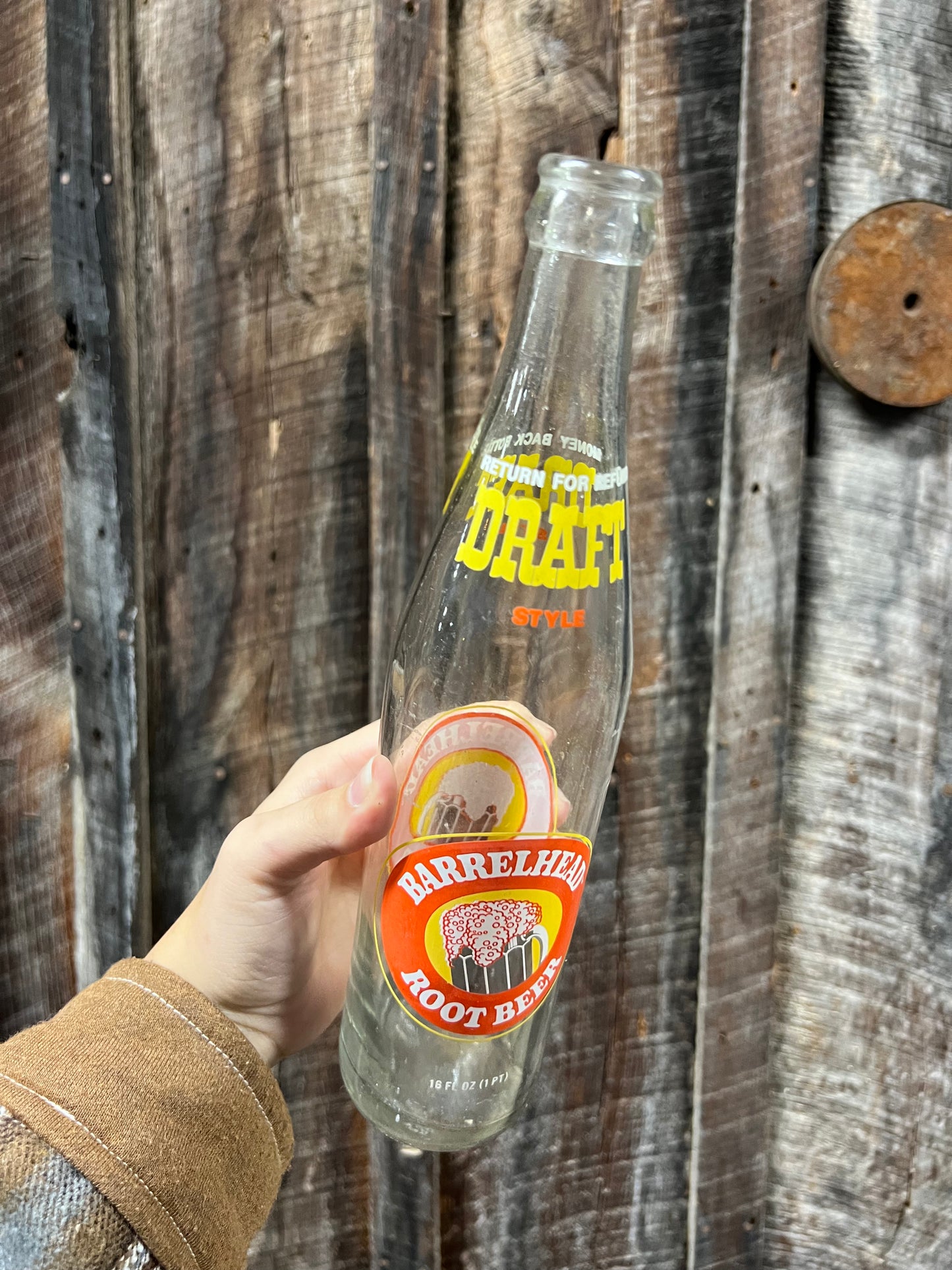 Vintage 1970's Barrelhead Root Beer 16 oz Glass Bottle