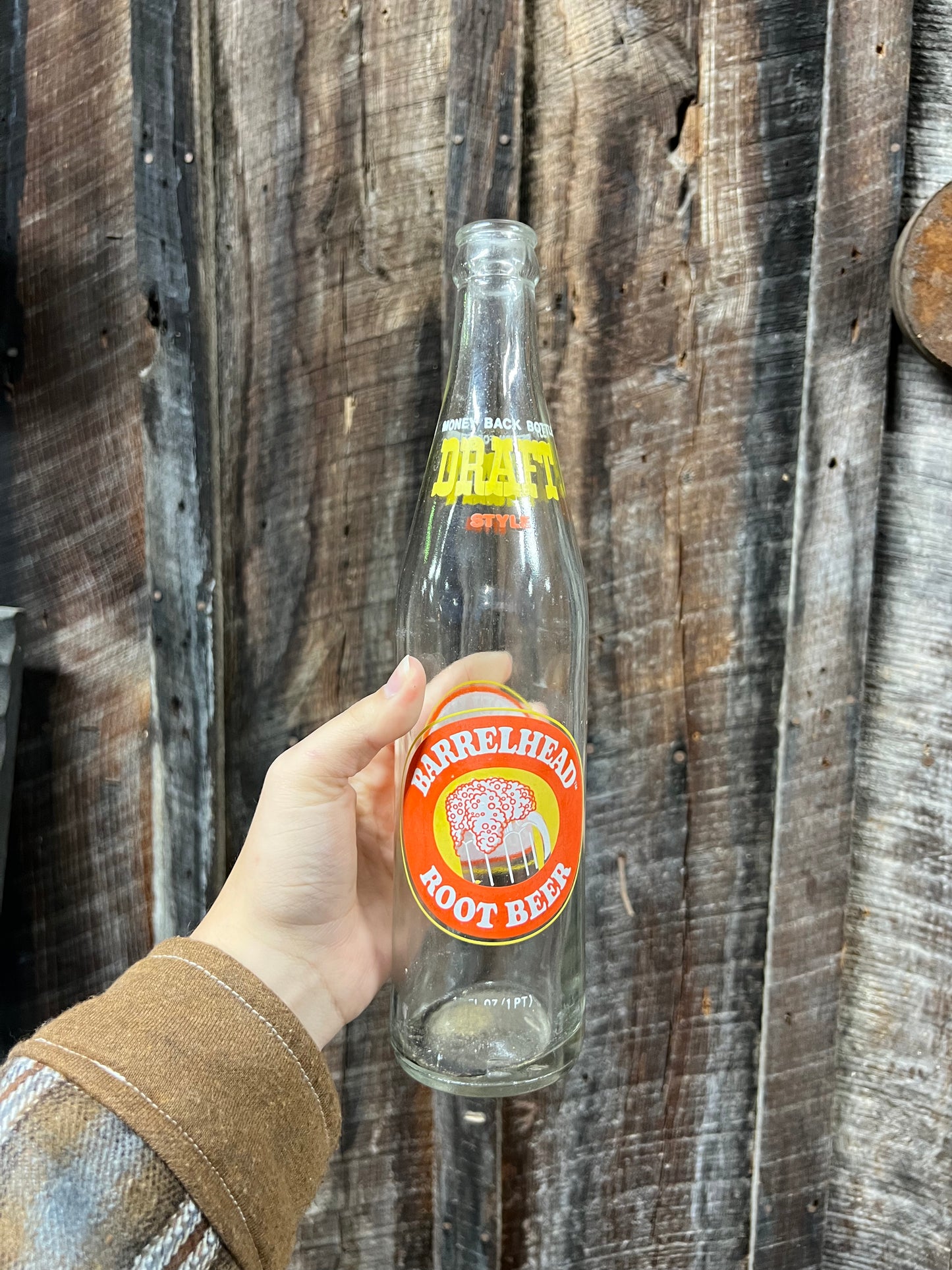 Vintage 1970's Barrelhead Root Beer 16 oz Glass Bottle