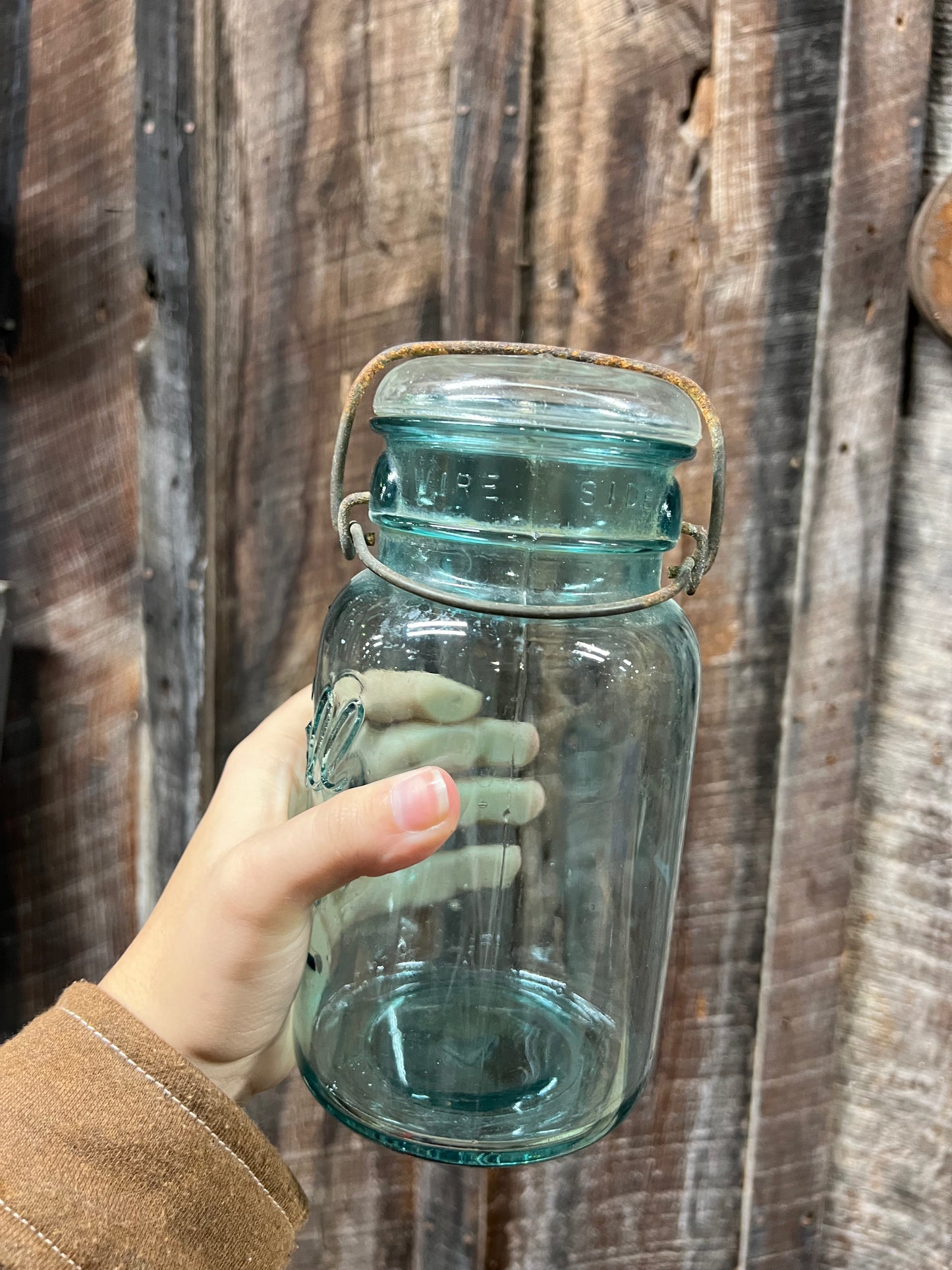 Vintage Ball Ideal Wire Side Blue Quart Jar Mason Wired Lid No 7- Nice