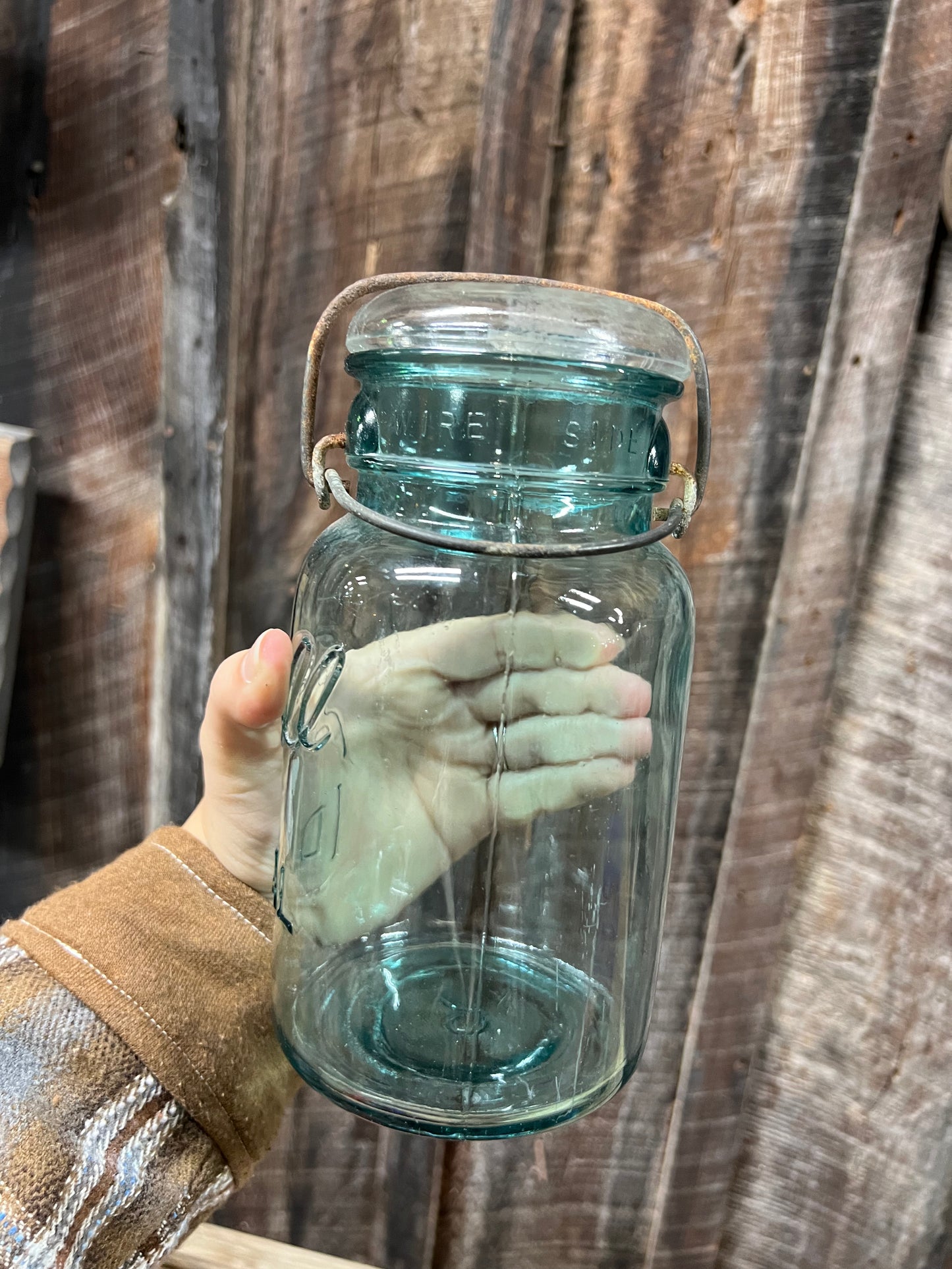 Vintage Ball Ideal Wire Side Blue Quart Jar Mason Wired Lid No 9- Nice