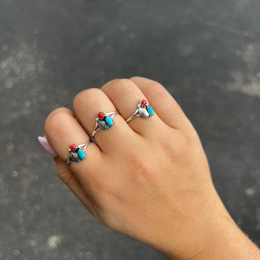 Genuine Turquoise and Coral Leaf Sterling Silver Ring