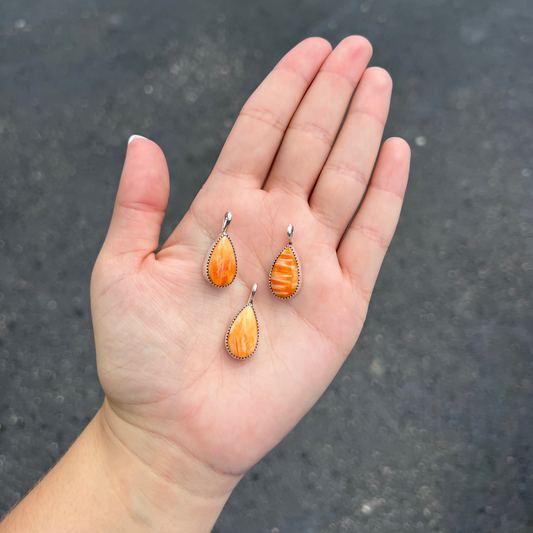 Genuine Orange Spiny Oyster Teardrop Sterling Silver Pendant