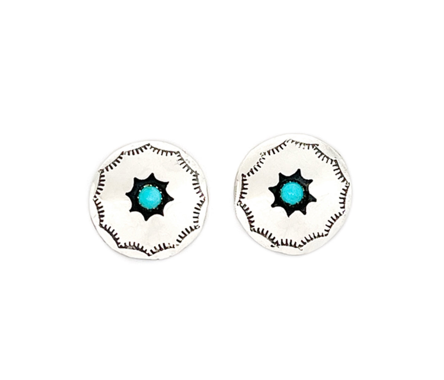 Genuine Turquoise Round Shadowbox Star Pattern Sterling Silver Earrings